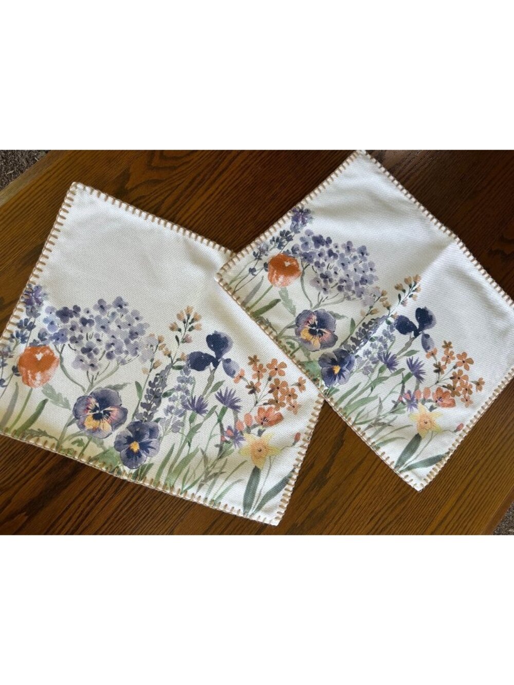 Multi Floral Print Placemats With Whip Stitch Detail - Set Of 2 - 18"x14"